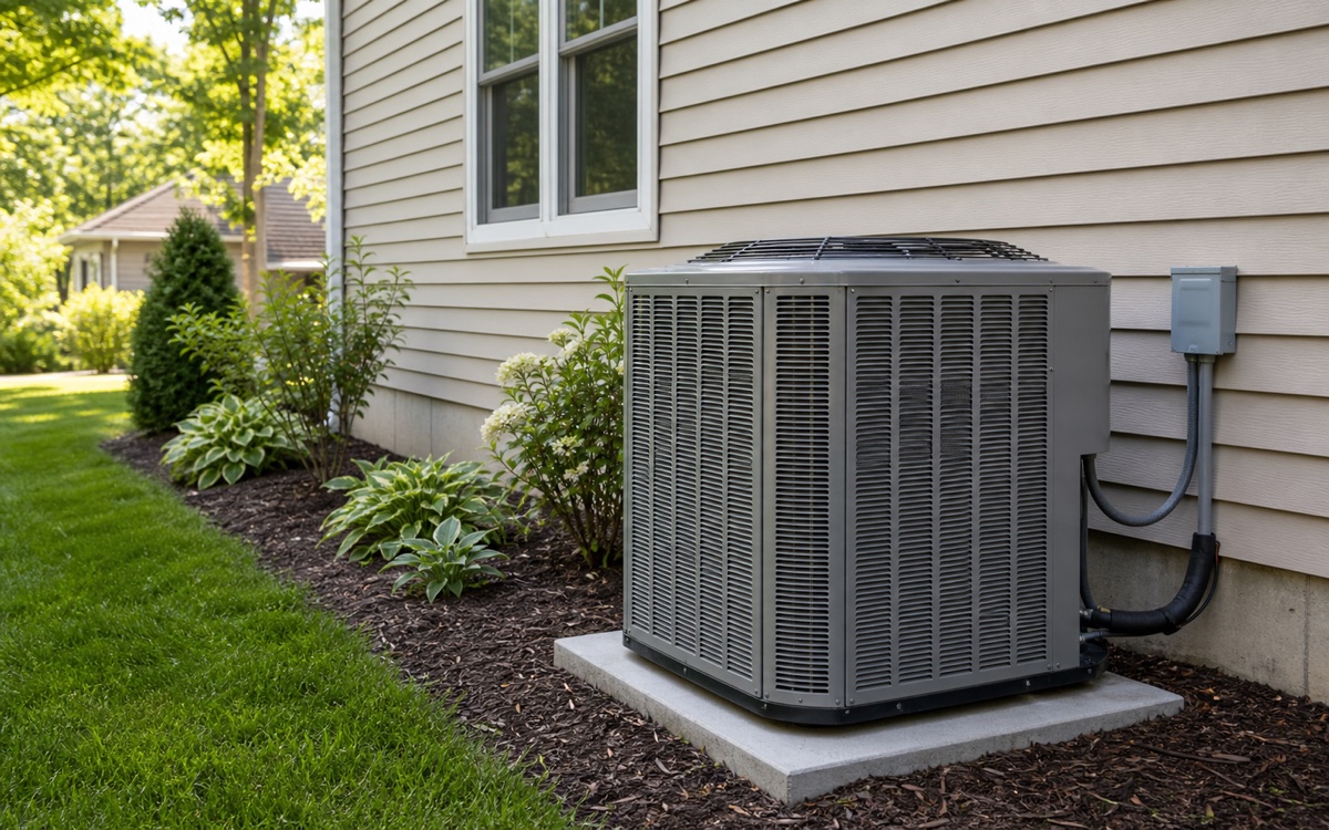 Outdoor residential HVAC condenser installed beside a home.