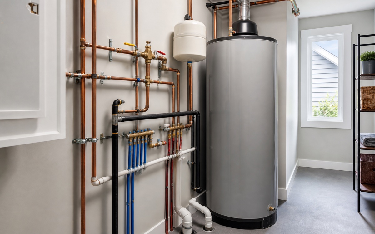 Organized residential plumbing and water heater installation in a clean utility room.